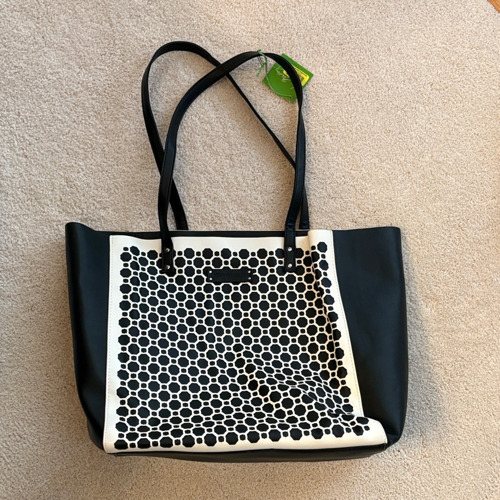 Vera Bradley Laser Cut Tote Midnight Geometric Stylish Black and White Tote Bag